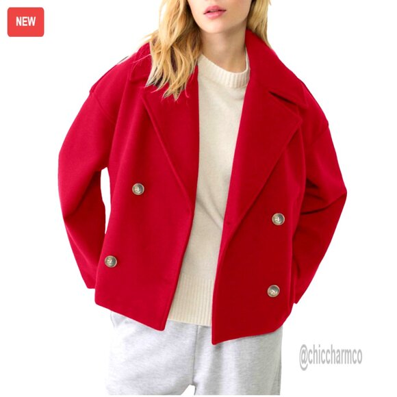 Cropped Pea Coat Double Breasted Trench Overcoat with Pockets